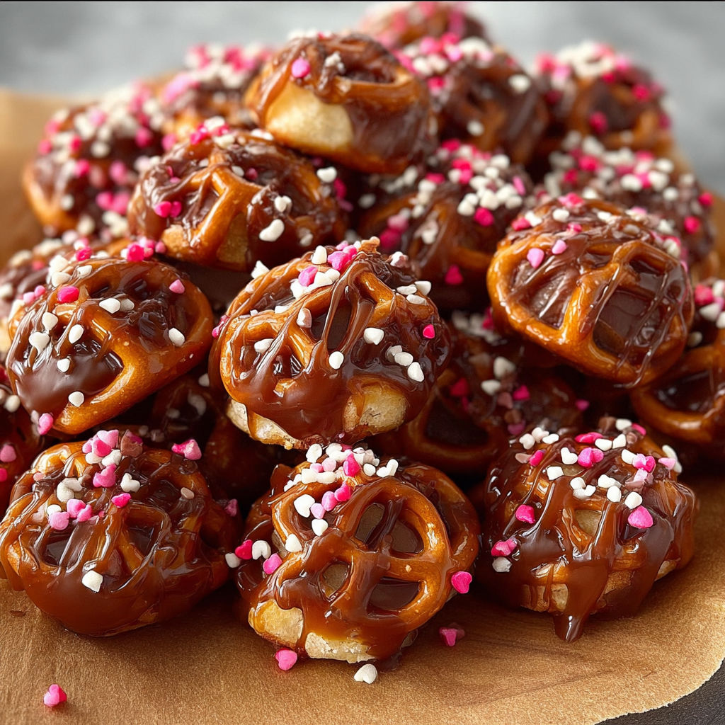 A plate of chocolate covered pretzels with pink sprinkles.