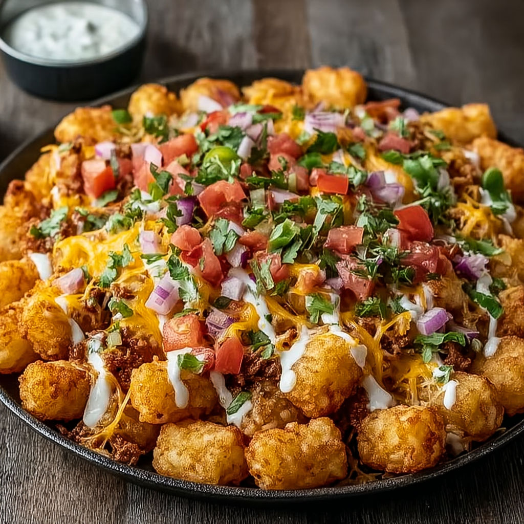 A plate of loaded tater tots.