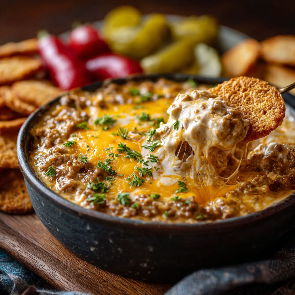 A bowl of Big Mac dip with chips and pickles.