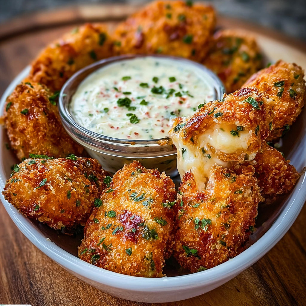 A bowl of cheesy jalapeño ranch chicken poppers with a creamy dip.