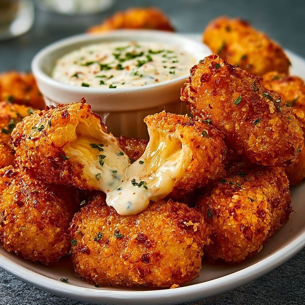 A plate of cheesy jalapeño ranch chicken poppers with a creamy dip.