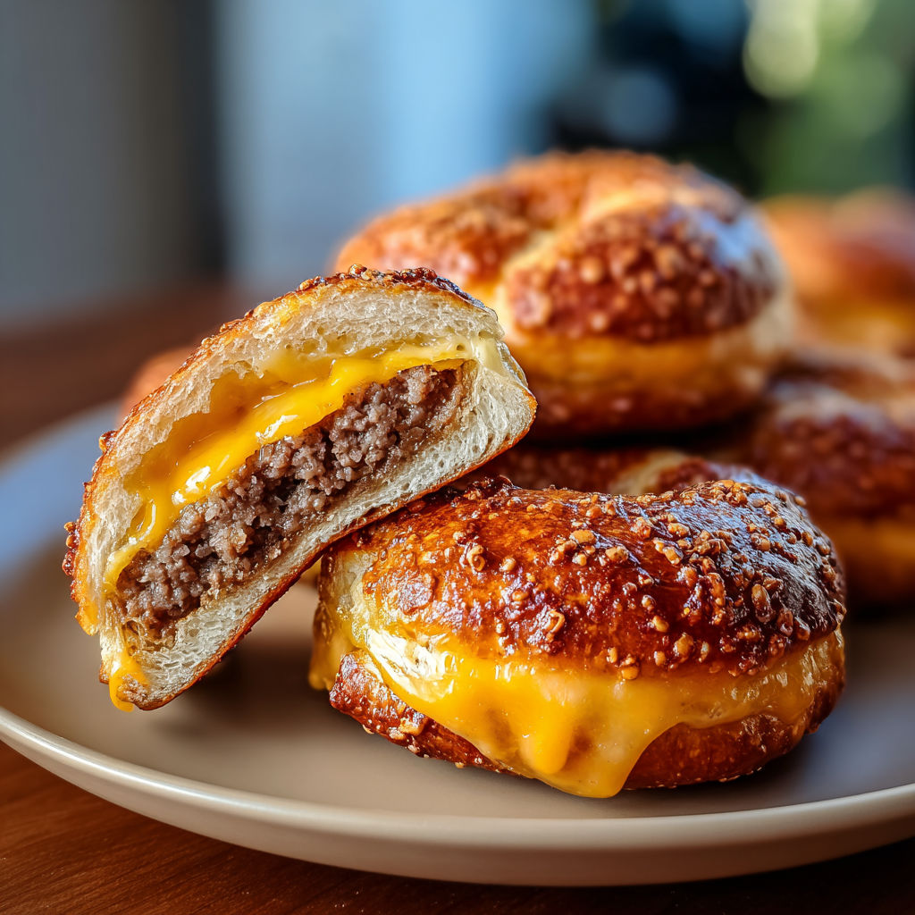 A plate of cheeseburger pretzel bombs.