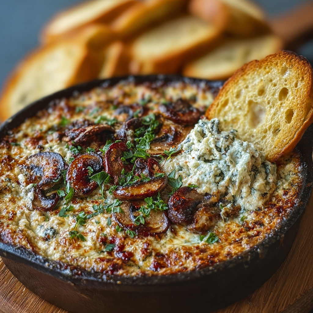 A dish of stuffed mushroom dip with bread.
