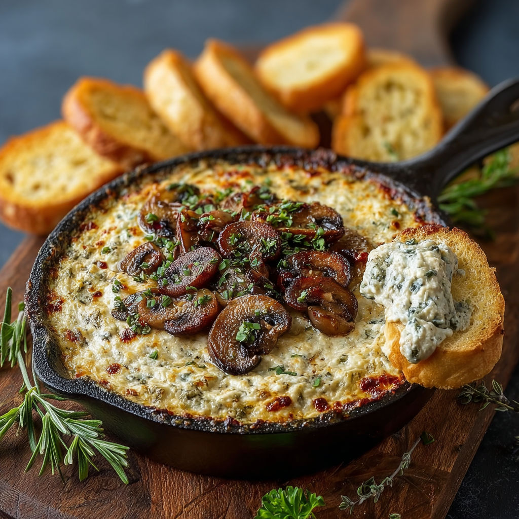A bowl of stuffed mushroom dip with bread.