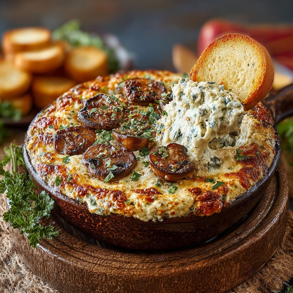 A dish of stuffed mushroom dip.
