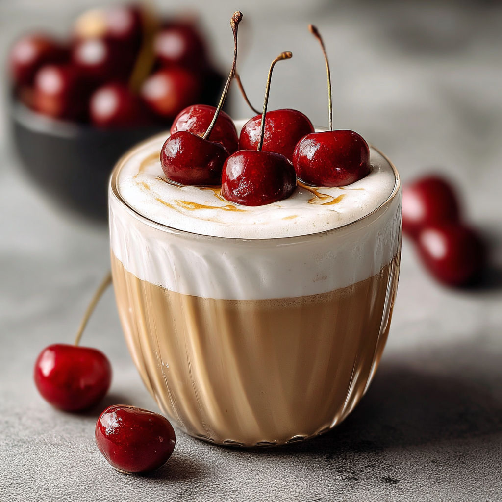 A glass of cherry vanilla latte with cherries on top.