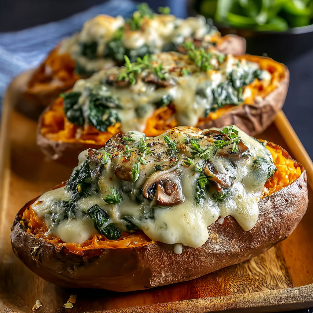 Two sweet potatoes with mushrooms and spinach on top.