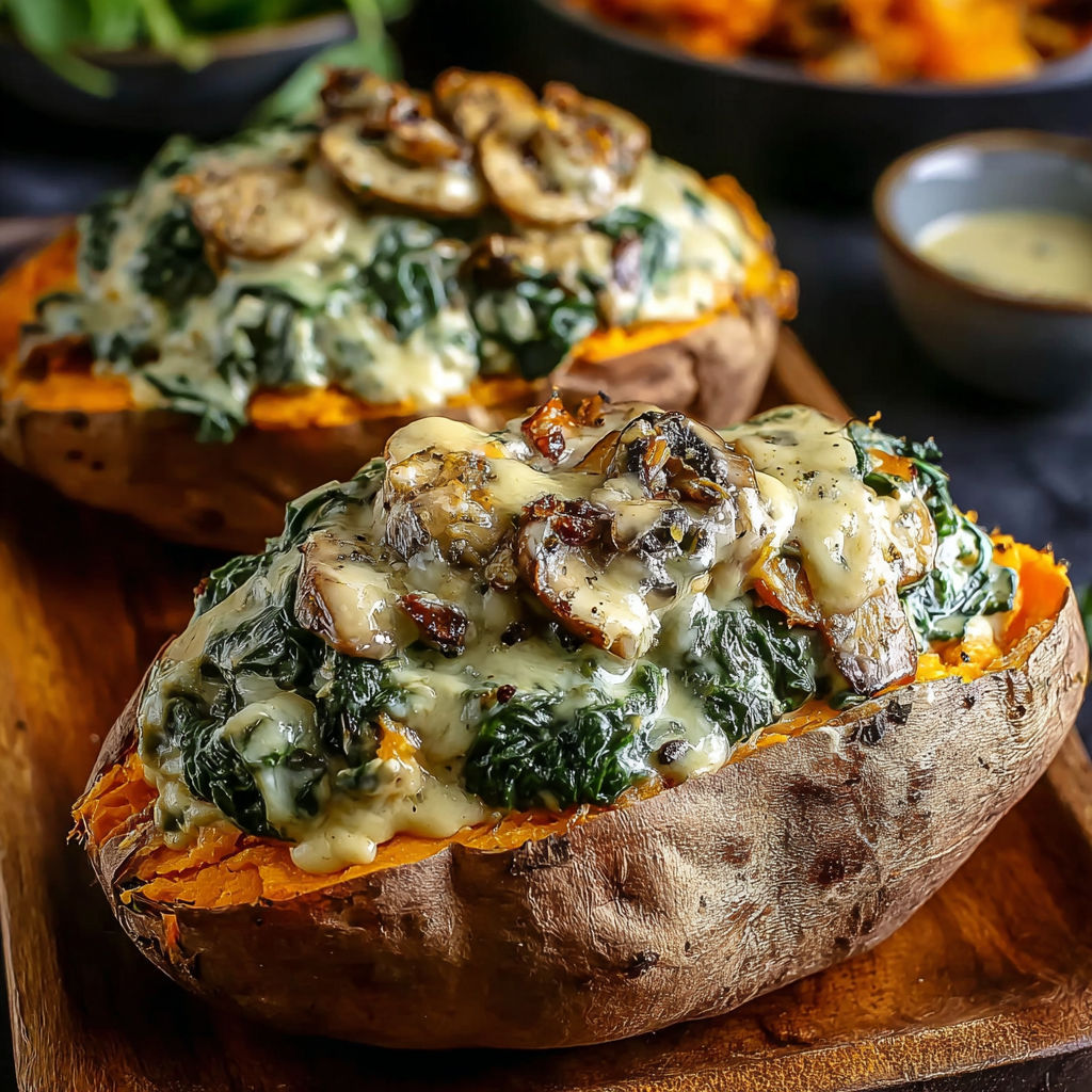 Two sweet potatoes stuffed with mushrooms and spinach.