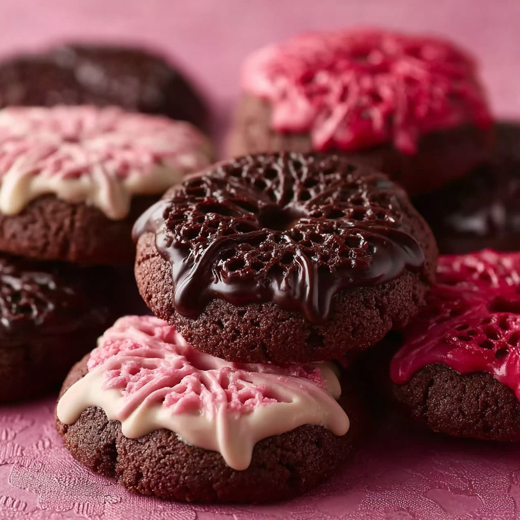 A pink and brown cookie with chocolate drizzle.