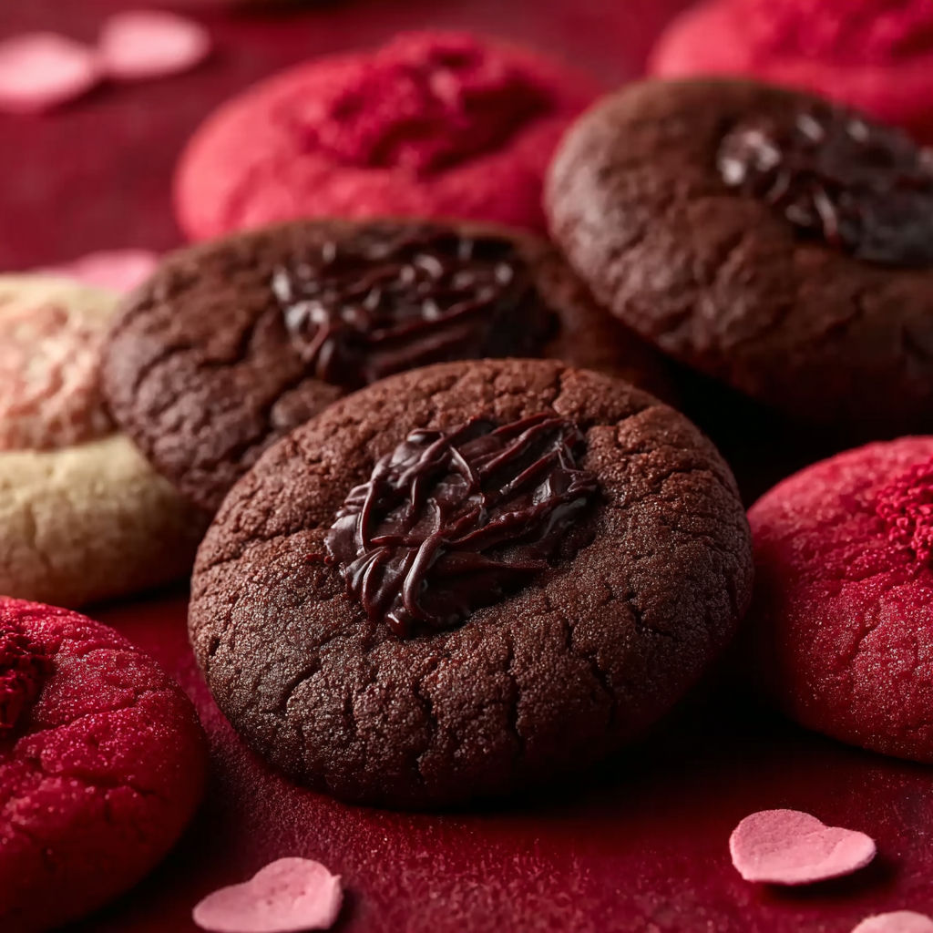 A plate of chocolate cookies with red icing and hearts.