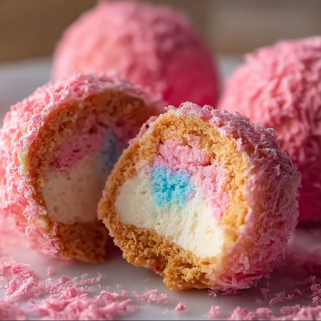A plate of pink cotton candy cheesecake bombs.