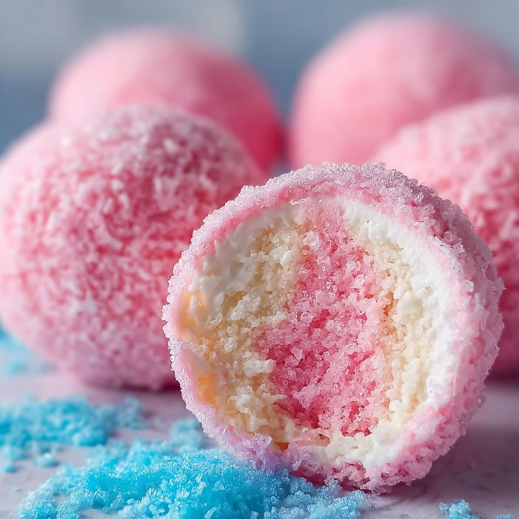 A close up of a pink and white cotton candy cheesecake bomb.