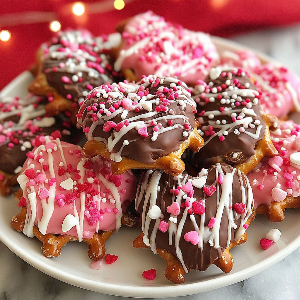 A plate of Valentine's Day Caramel Pretzel Bites.