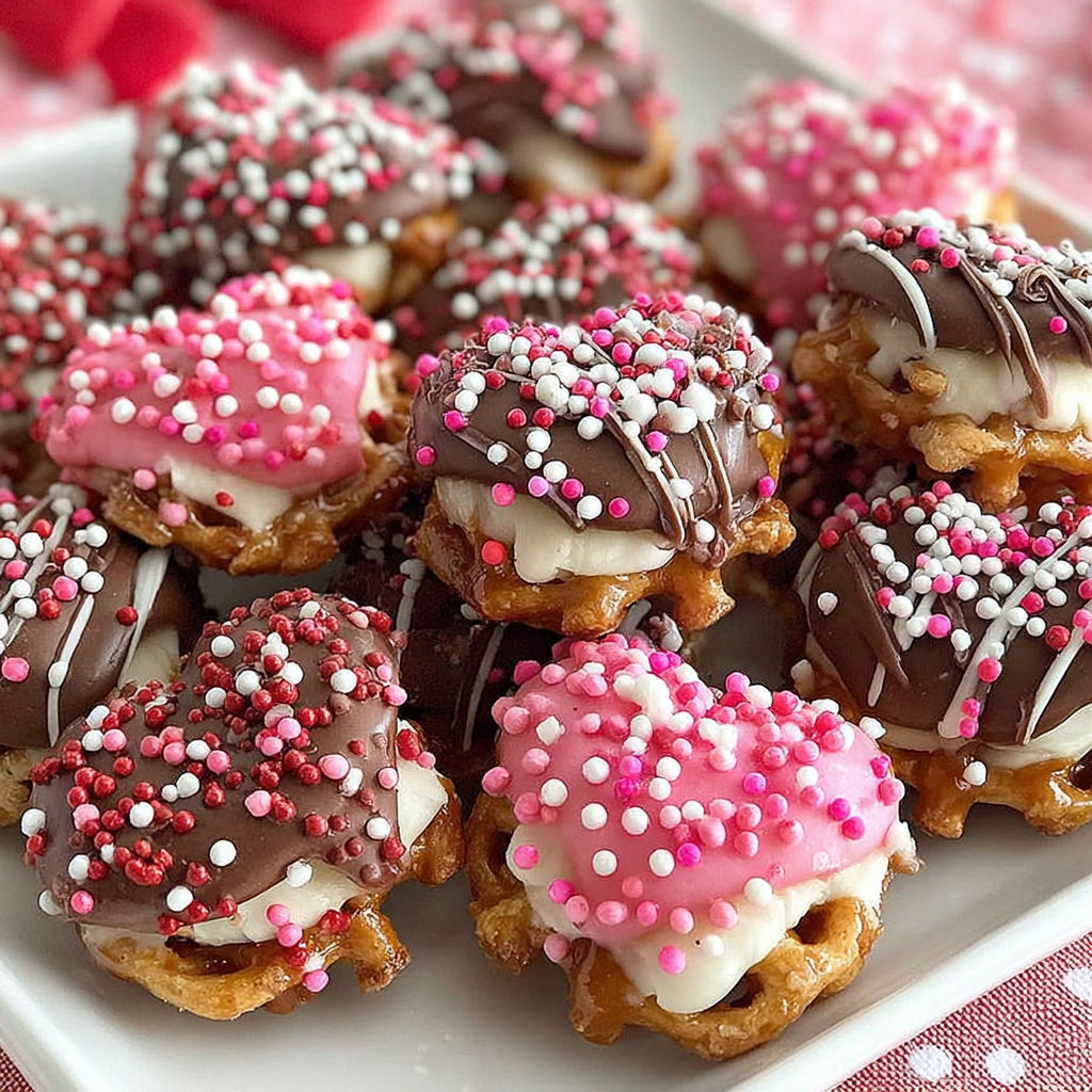 A plate of pink and white heart shaped caramel pretzel bites.