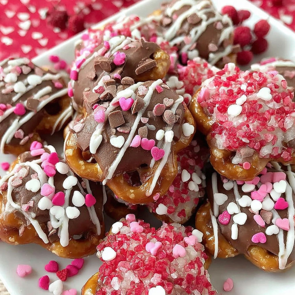 A plate of Valentine's Day Caramel Pretzel Bites.