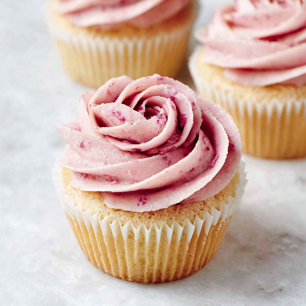 A cupcake with a pink frosting swirl on top.
