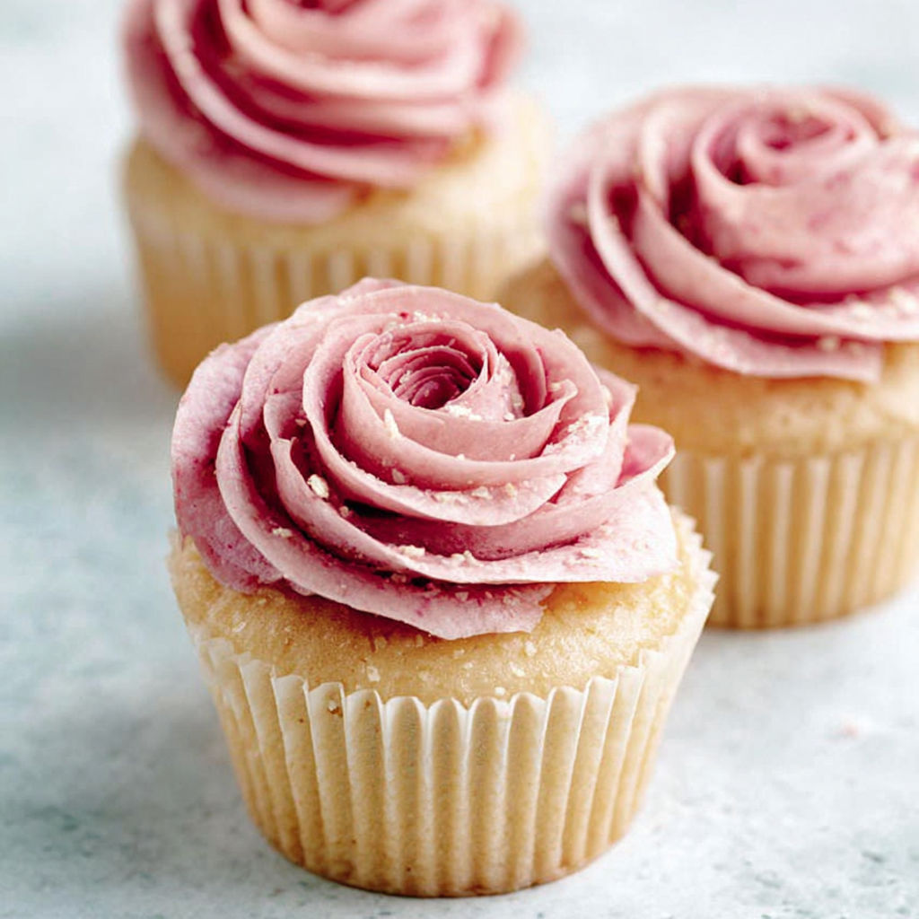 Two cupcakes with pink frosting and rose petals on top.
