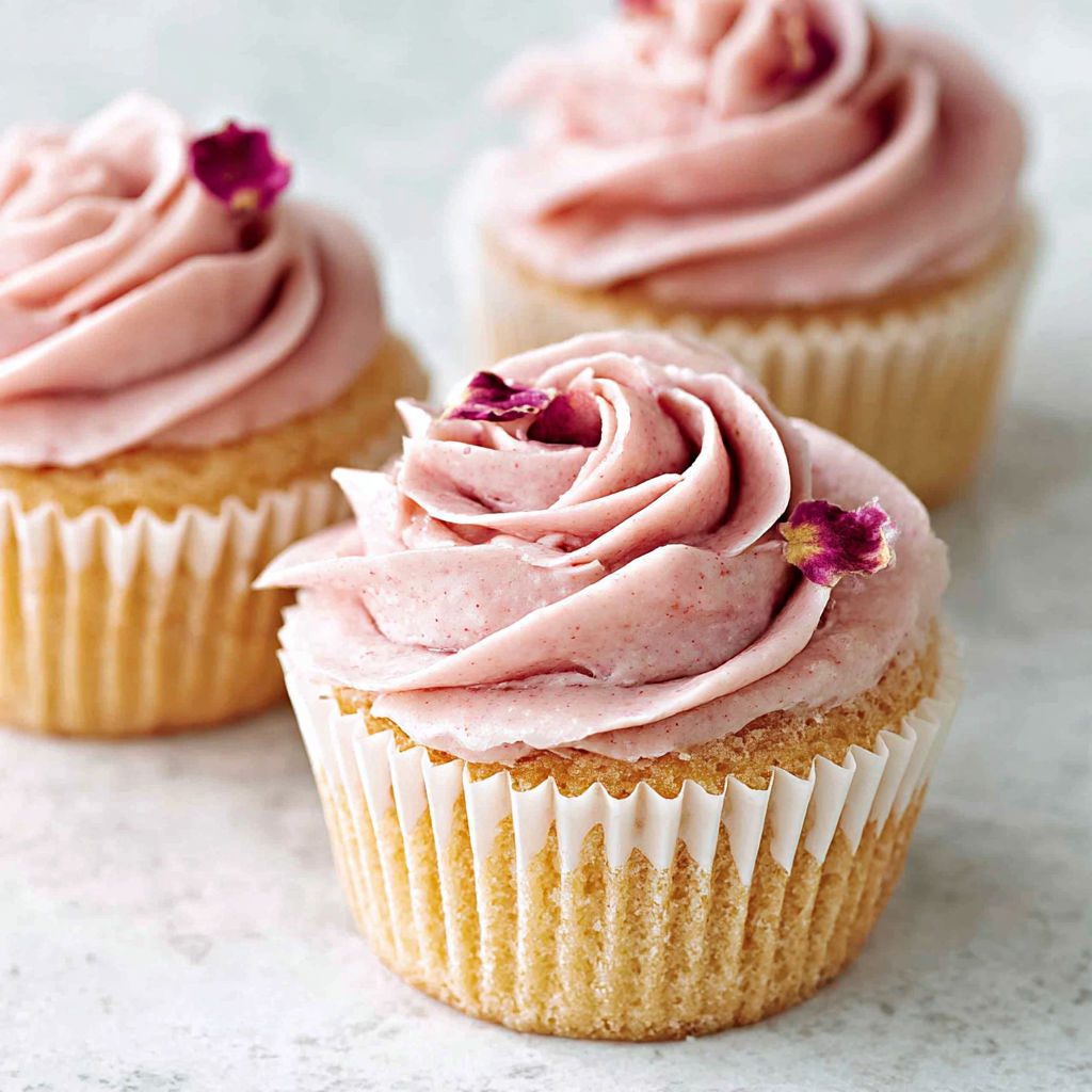 A cupcake with a rose on top.