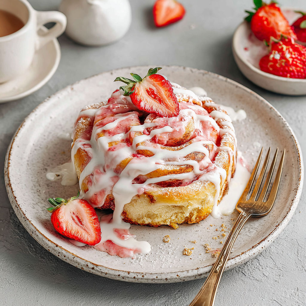 A plate of strawberry cinnamon rolls.