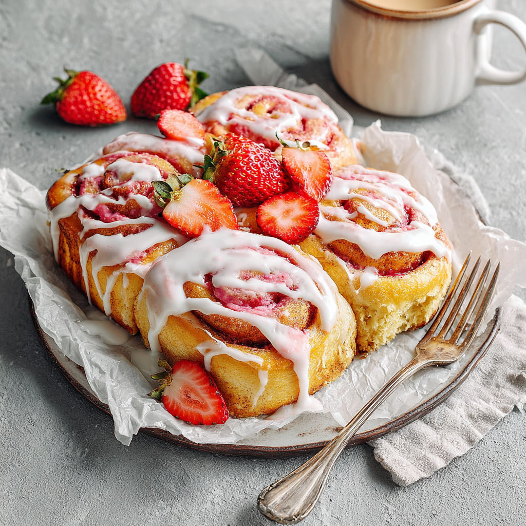 A plate of strawberry cinnamon rolls.