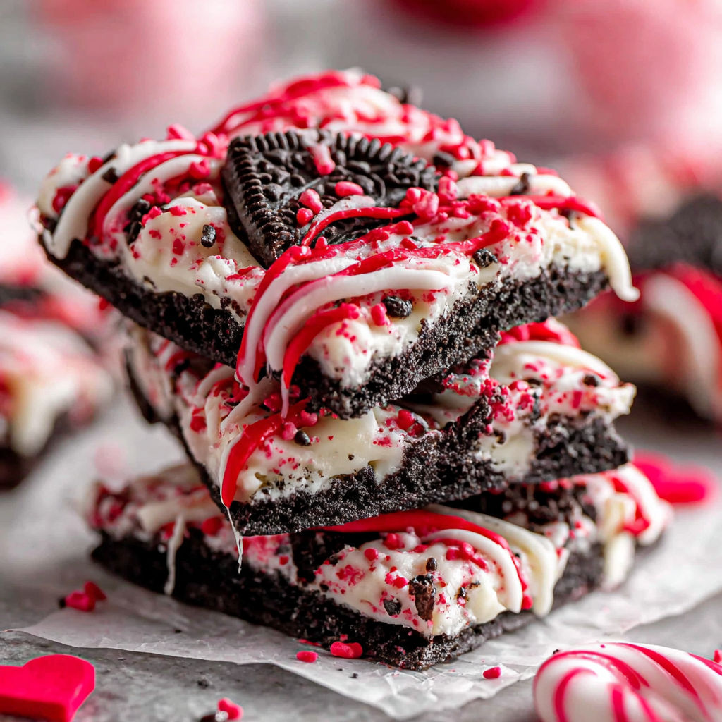 A stack of Oreo bark with red and white stripes.