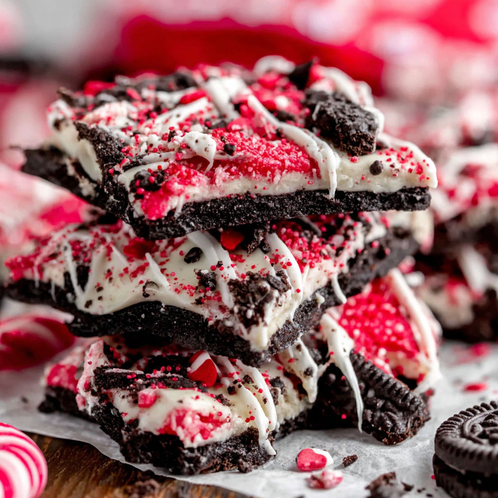 A stack of Oreo bark with red and white frosting.