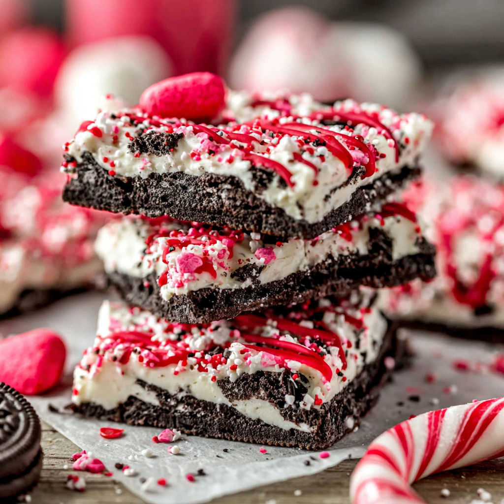 A stack of Oreo bark with red and white sprinkles.