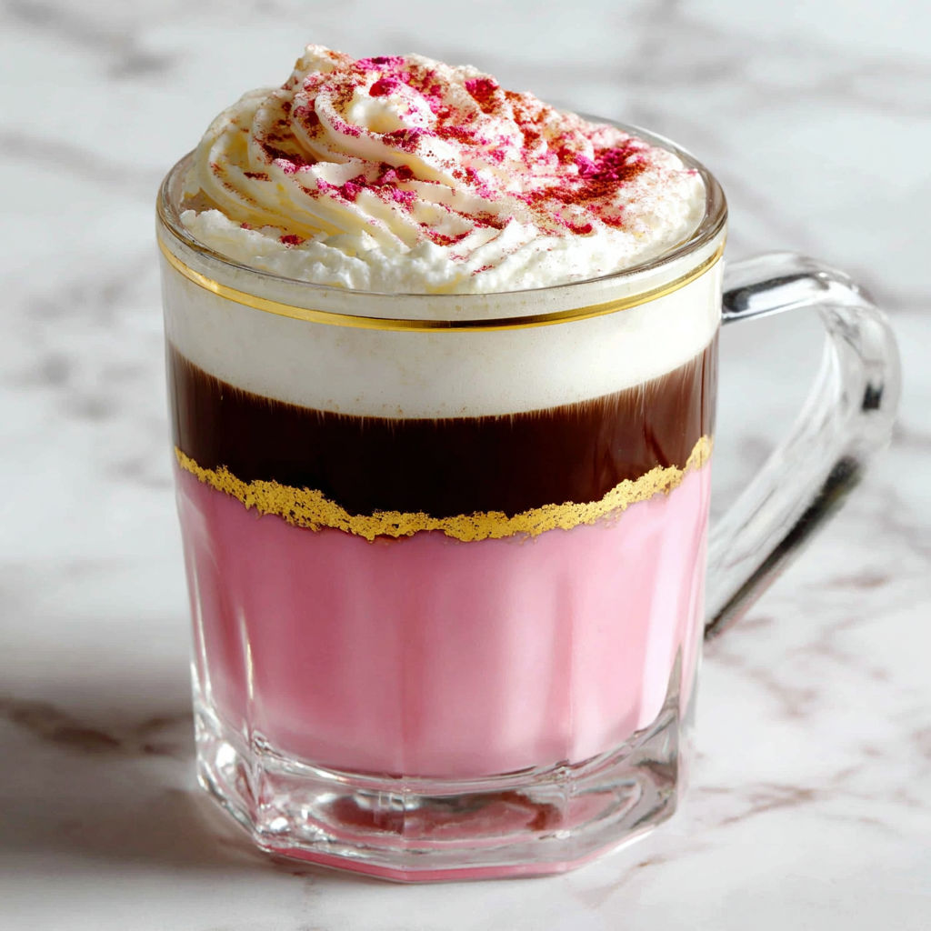 A glass of pink and white drink.