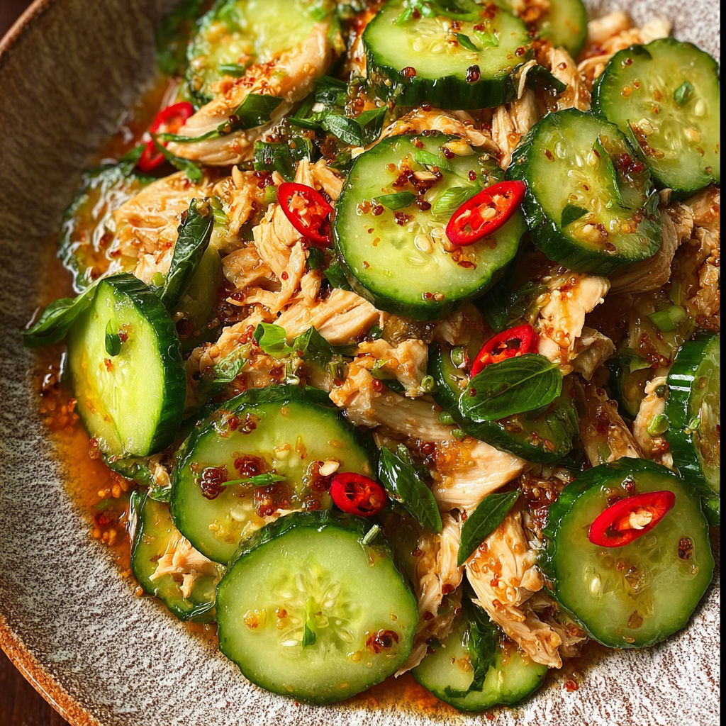 A plate of Thai Cucumber Salad with Chicken.