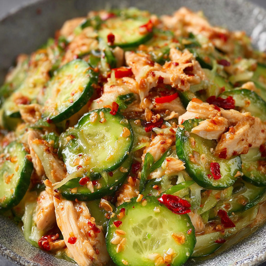 A bowl of Thai Cucumber Salad with Chicken.