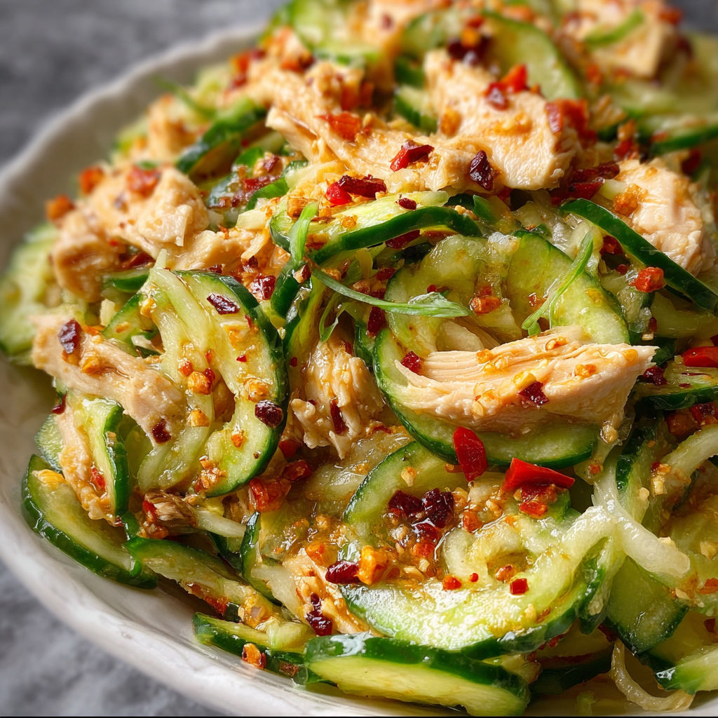A bowl of Thai Cucumber Salad with Chicken.