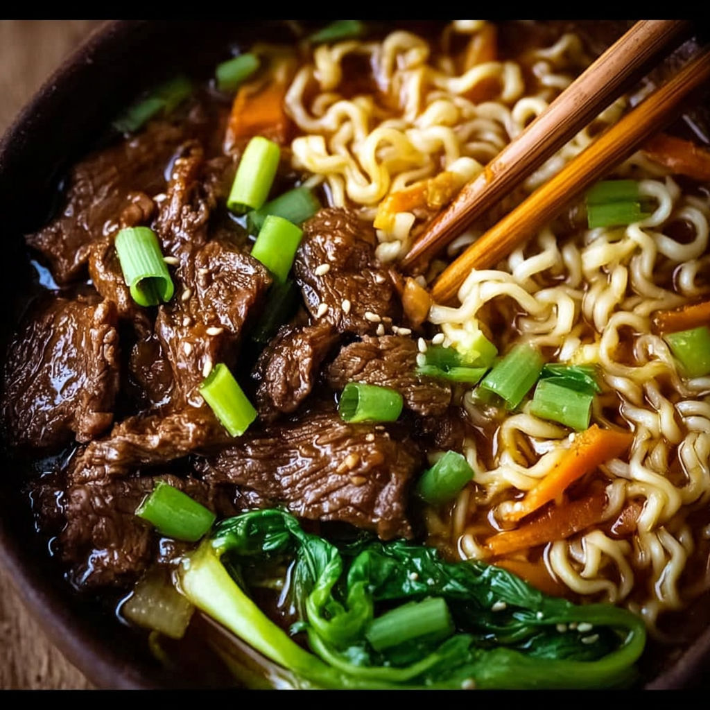 A bowl of beef ramen noodles with vegetables.