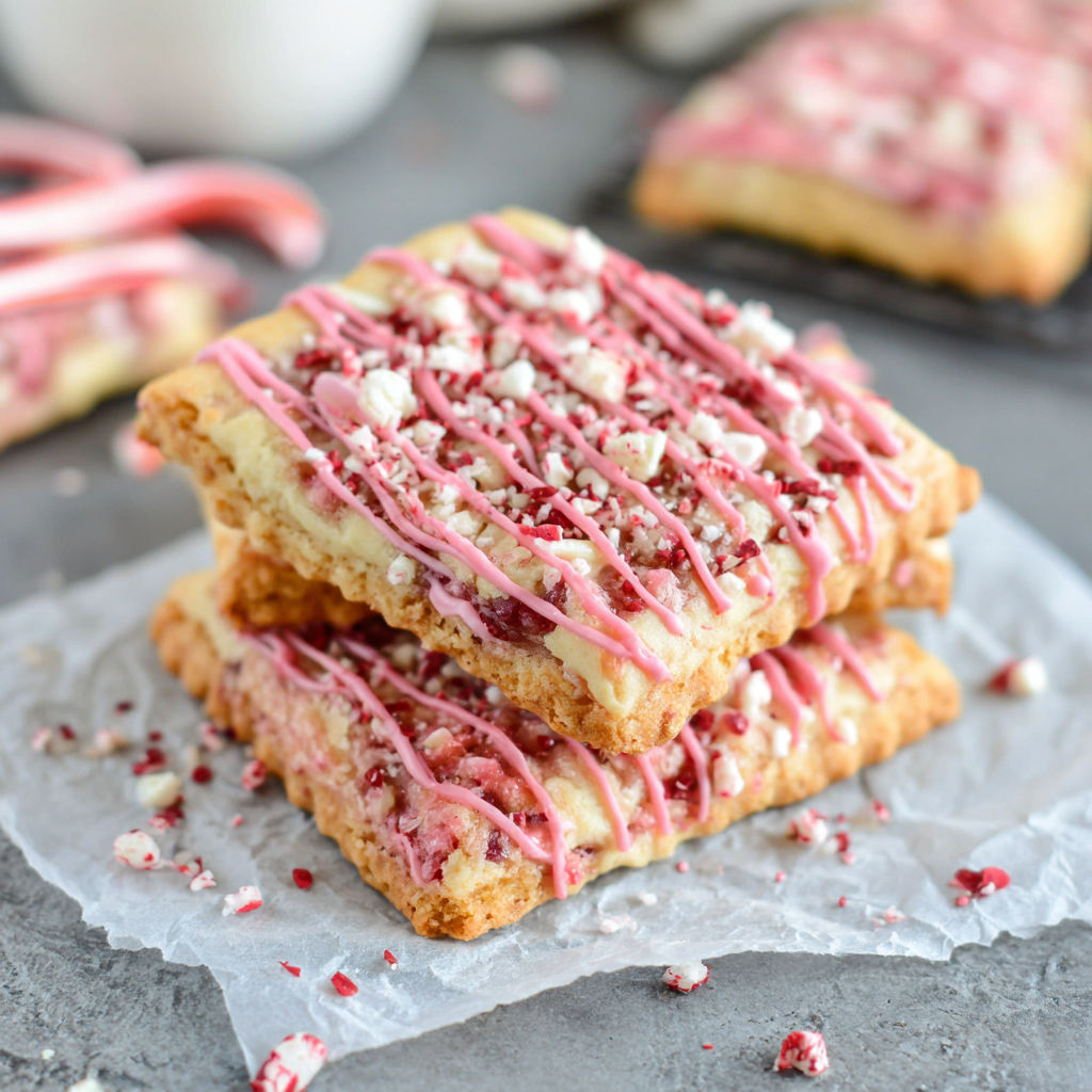 A stack of pink and white cookies.