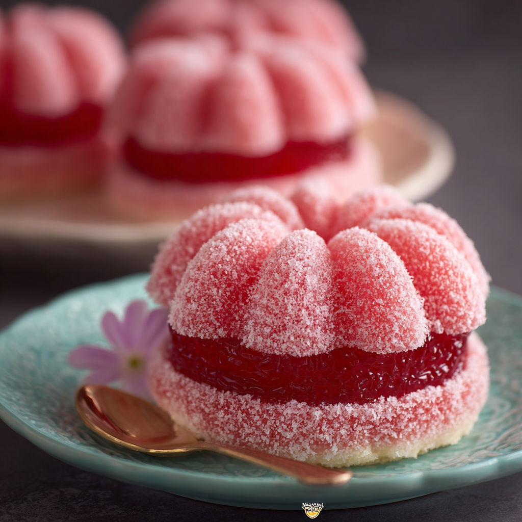 Three old-fashioned pink jelly cakes on a plate.