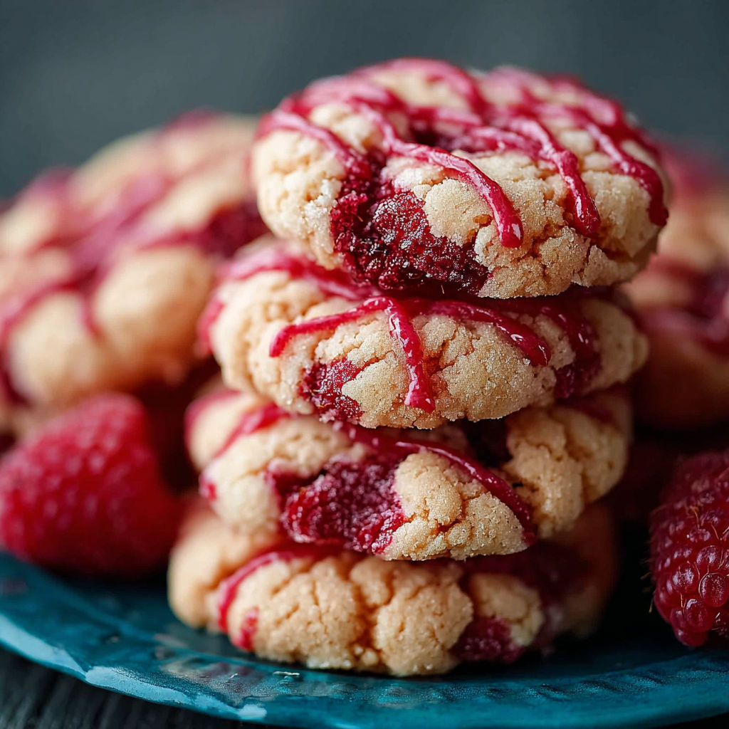 A stack of raspberry cookies with red icing.
