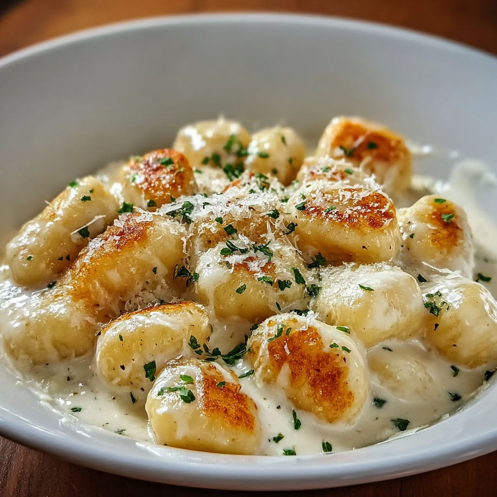 A bowl of gnocchi with cheese and sauce.