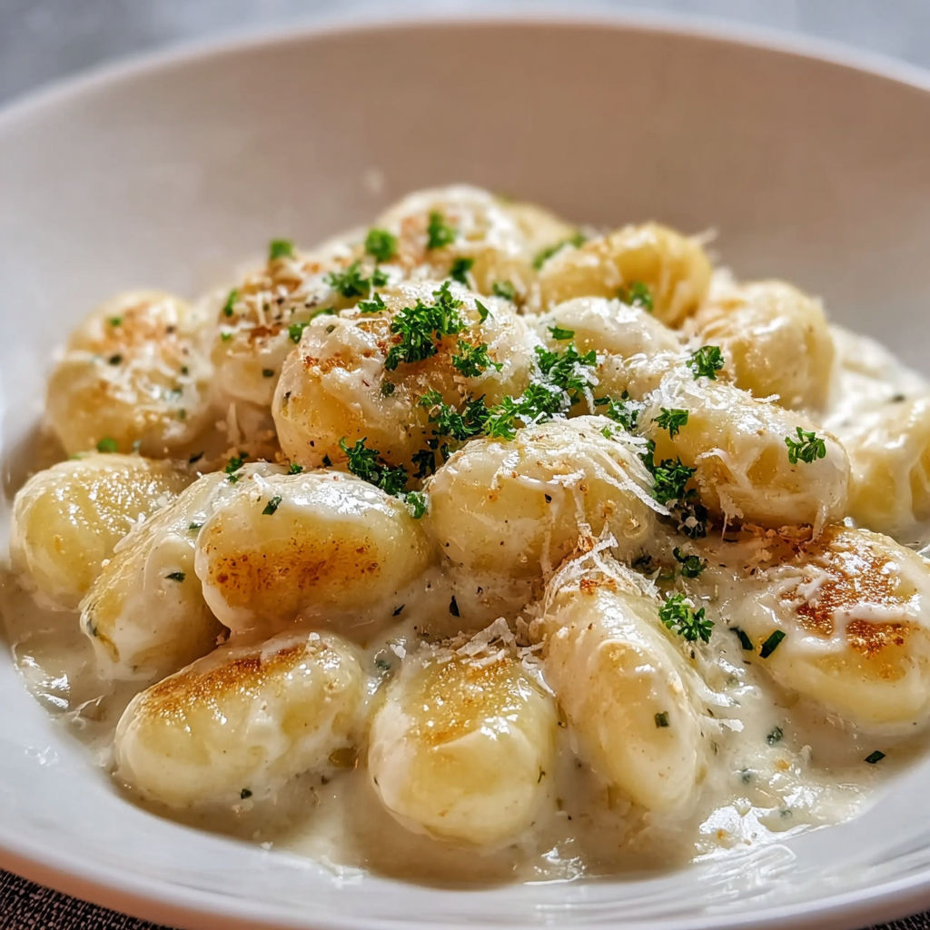A bowl of gnocchi with a creamy sauce.