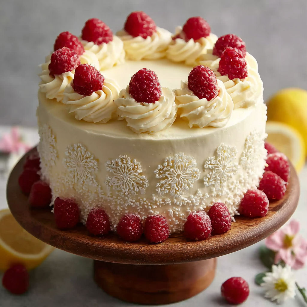 A cake with white frosting and red raspberries on top.