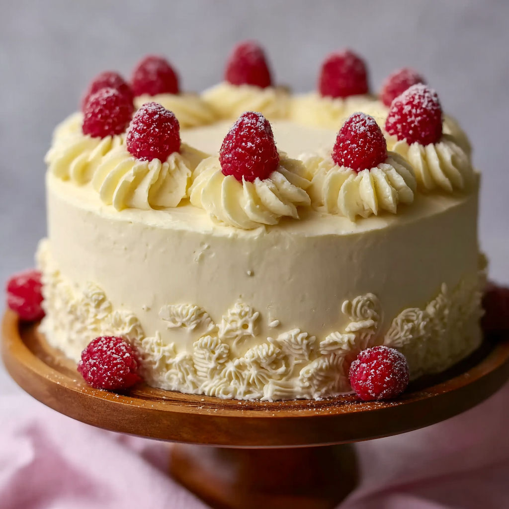 A cake with white frosting and raspberries on top.