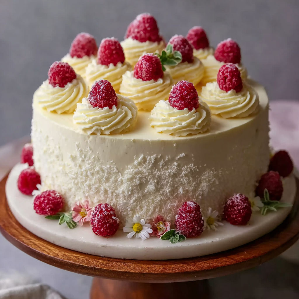 A white cake with white frosting and raspberries on top.