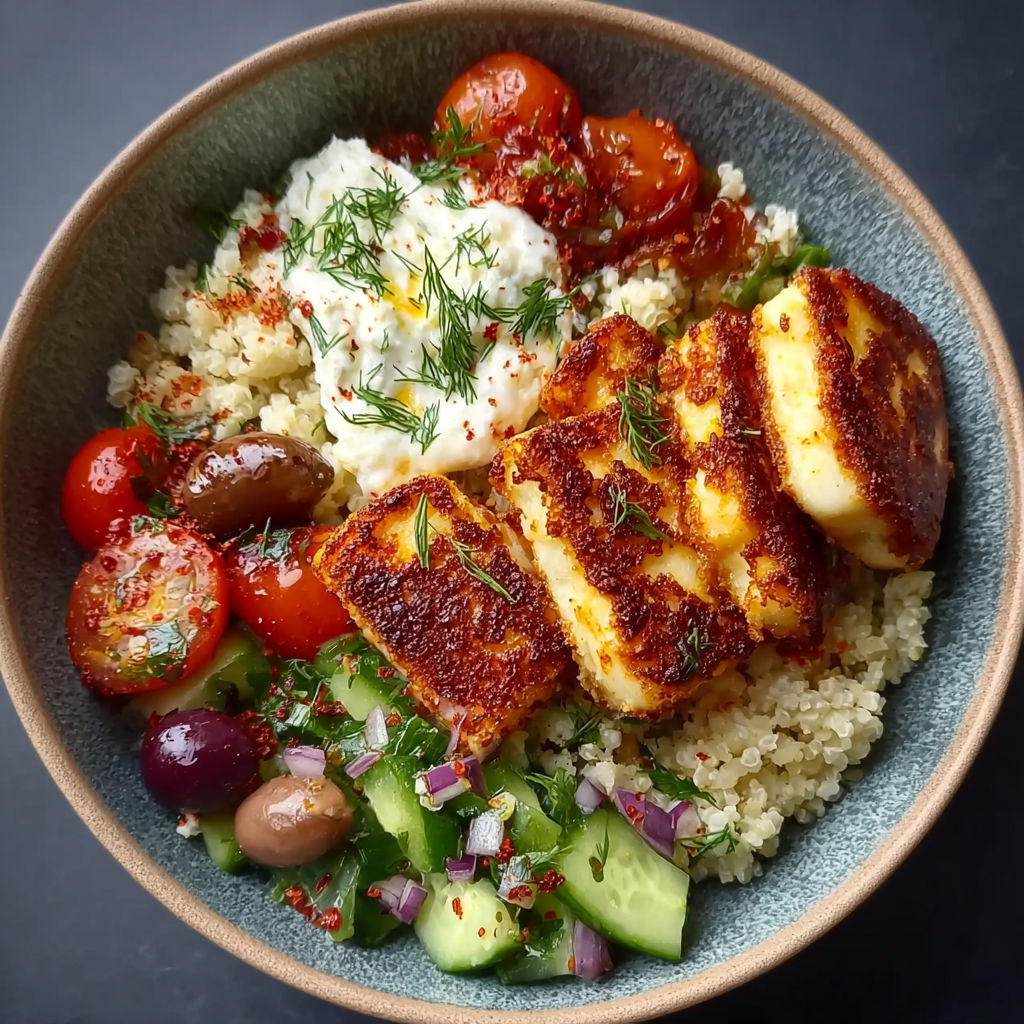 A bowl of food with tomatoes, cucumbers, olives, and halloumi.