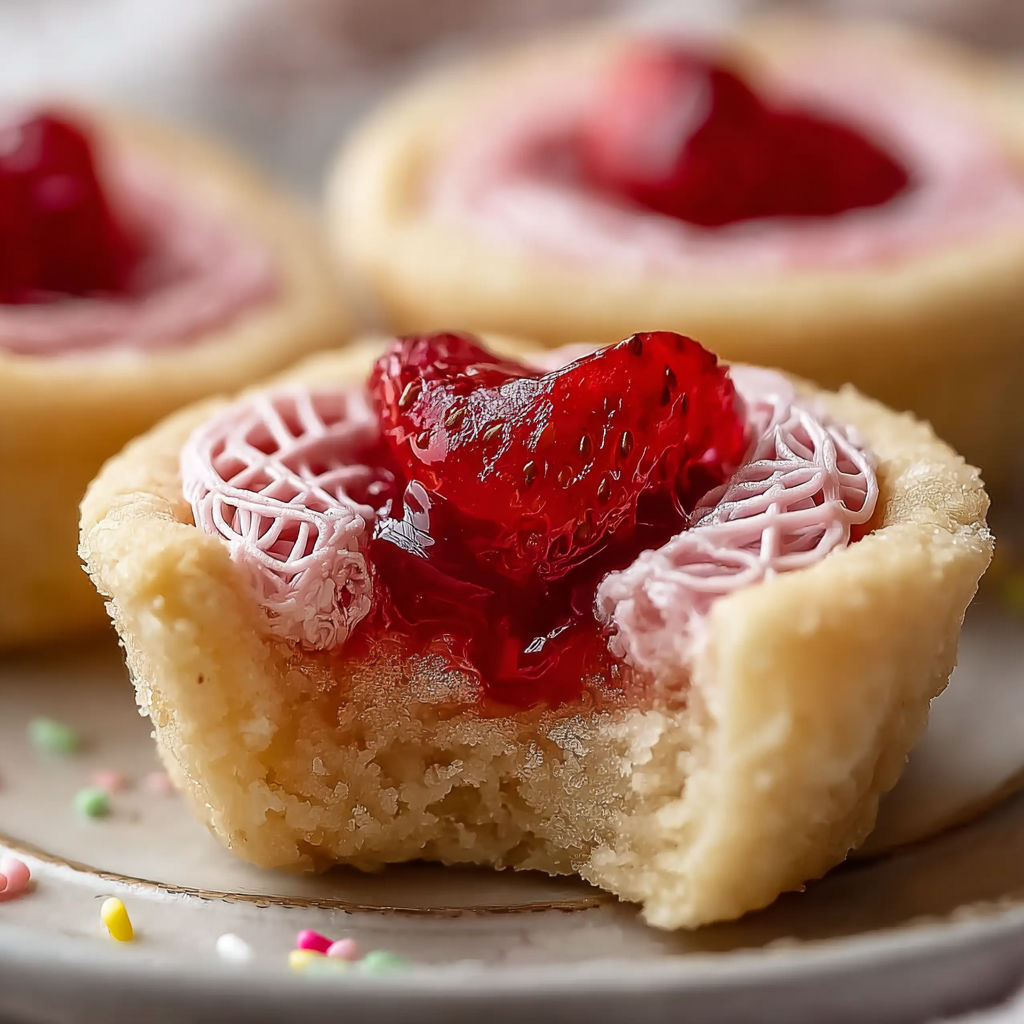Two sugar cookies with strawberry jam in the middle.