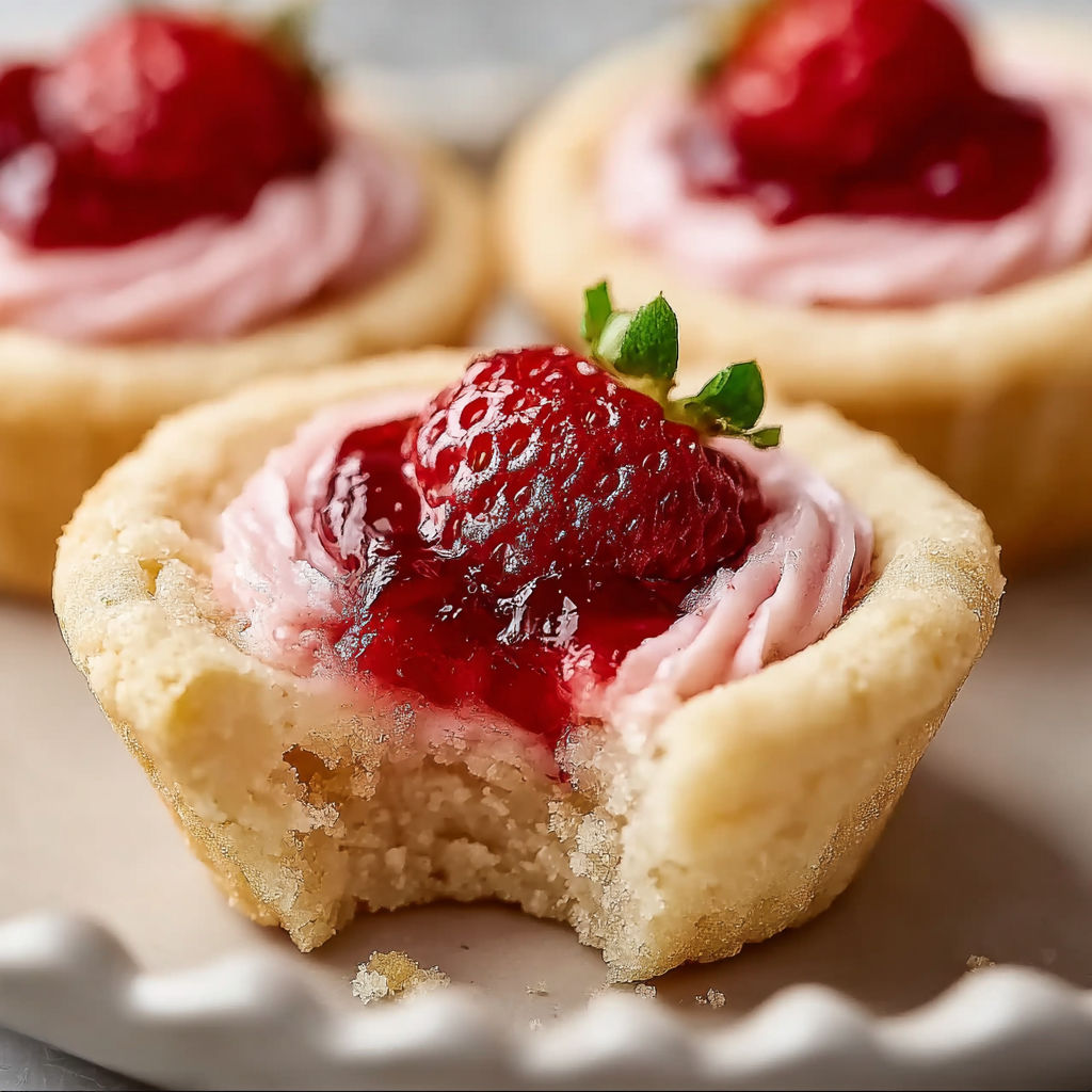 A close up of a strawberry sugar cookie cup.