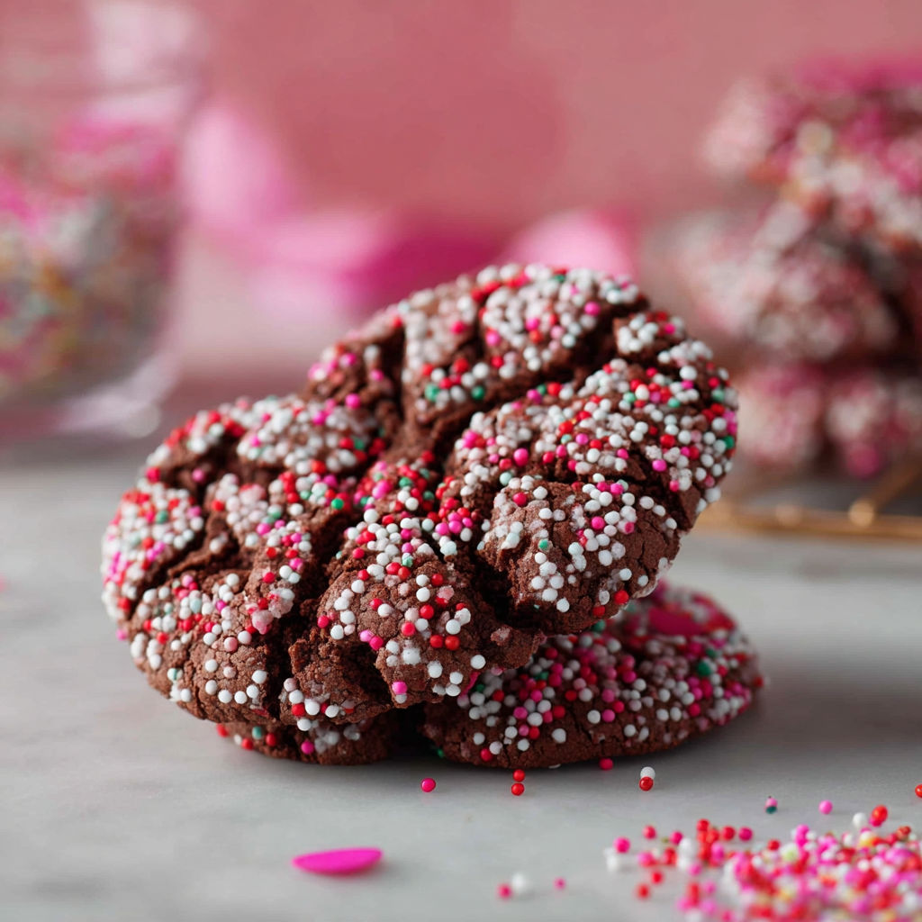 Chocolate crinkle cookies with sprinkles on a table.