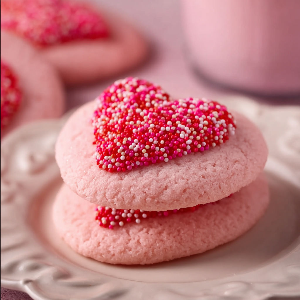 A plate of pink cookies with hearts on them.