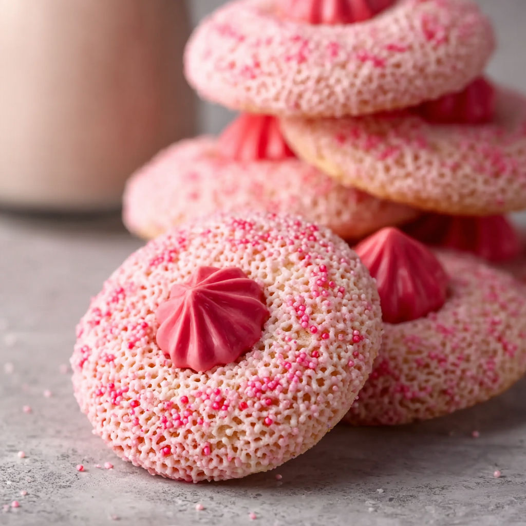 A stack of pink and white cookies with a red heart on top.
