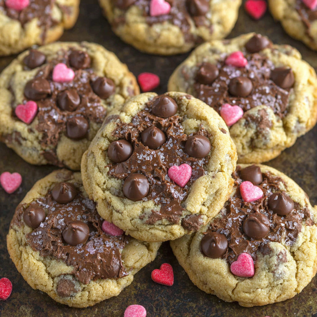 A plate of chocolate chip cookies with hearts on them.