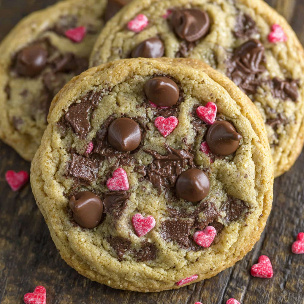 Two chocolate chip cookies with hearts on them.