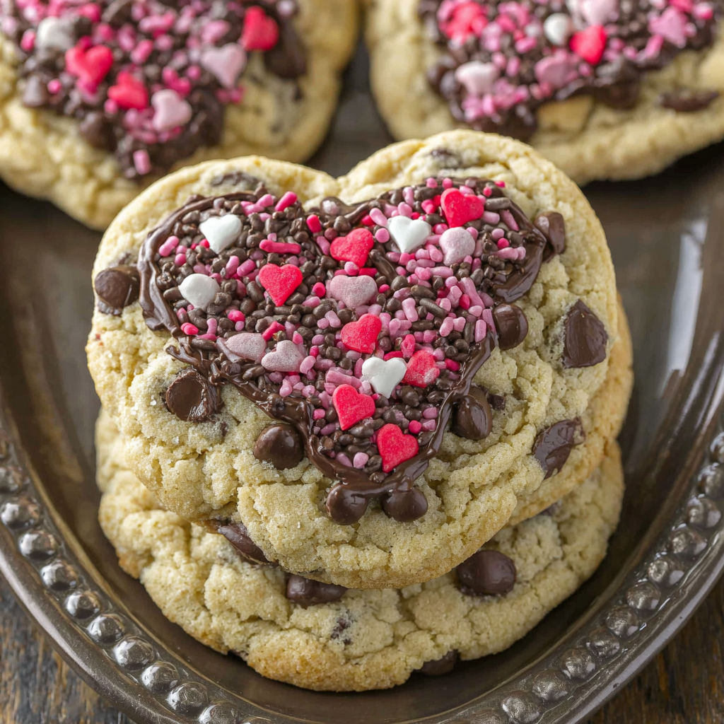 A plate of heart-shaped chocolate chip cookies.