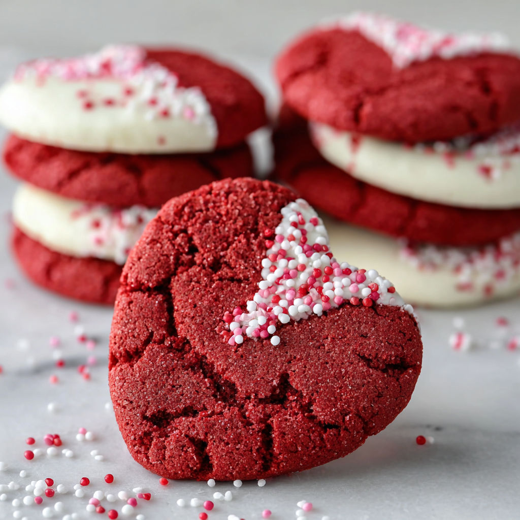 Red velvet cookies with white hearts on top.